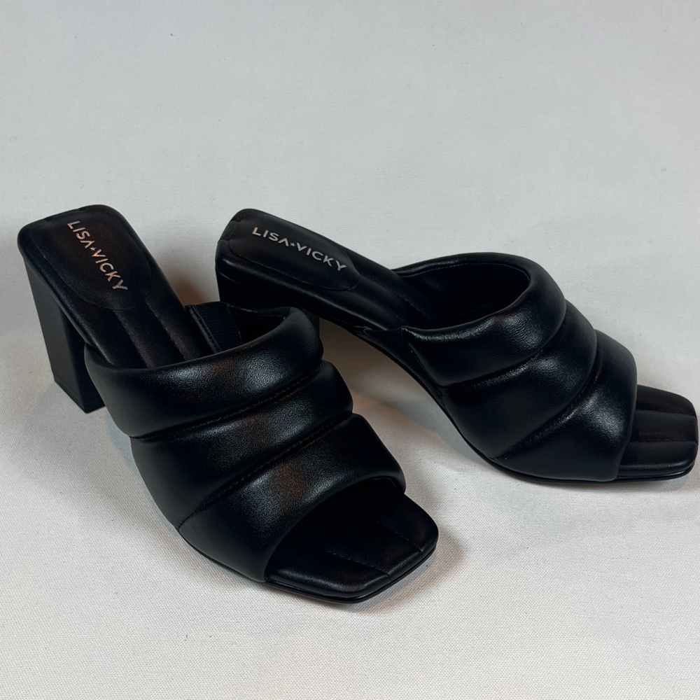 Lisa Vicky Very Sandals Black Napa Leather Heeled Open-Back Slip-On Dress Shoe